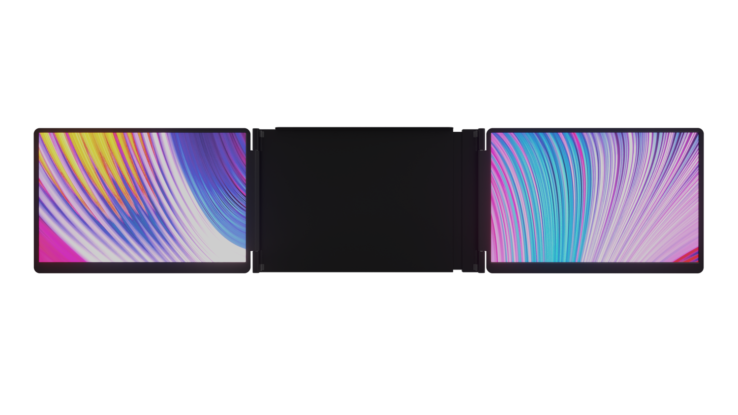 Colorful 100% DCI-P3 color gamut, open flap View of the Monduo 16&quot; tri-screen portable monitor. A laptop screen extender for 16Inch MacBook M1 and M2 Pro and 16 Inch laptops.
