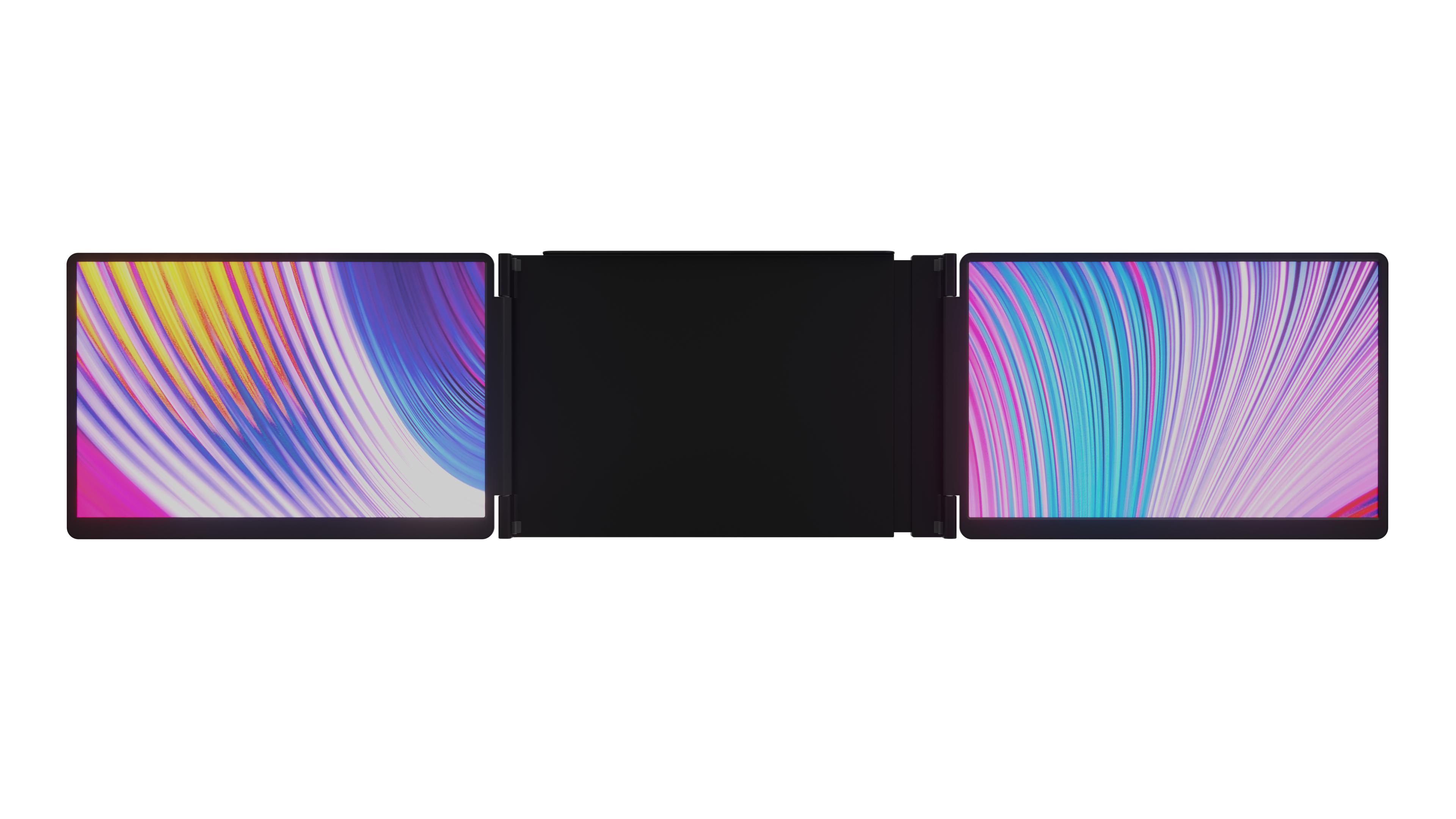 Colorful 100% DCI-P3 color gamut, open flap View of the Monduo 16&quot; tri-screen portable monitor. A laptop screen extender for 16Inch MacBook M1 and M2 Pro and 16 Inch laptops.